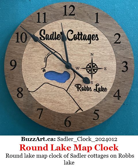 Round lake map clock of Sadler cottages on Robbs lake